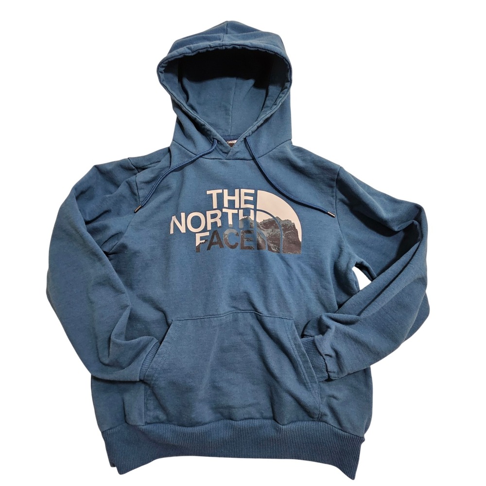 The North Face Pullover Hoodie Men Medium Blue Graphic Mountain Sweatshirt A5IWP